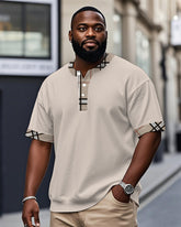 Men's Plus Size Daily Casual Khachi Plaid Print Henry Collar Button Short Sleeve T-Shirt